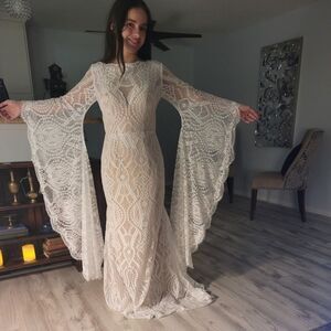 Lace Mermaid Wedding Dress with Long Bell Sleeves Boat Neck Bateau Boho